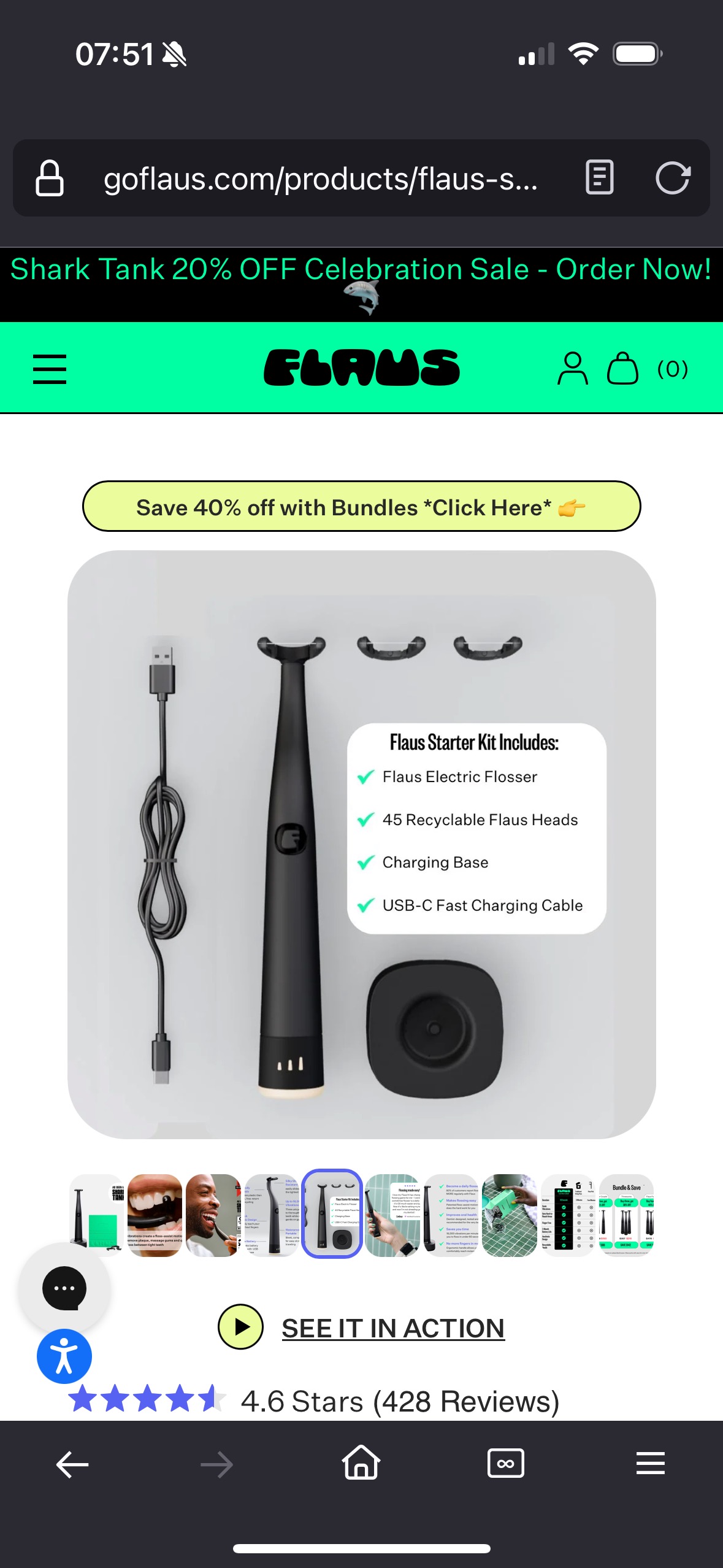 FLAUS product gallery showing the electric flosser kit contents