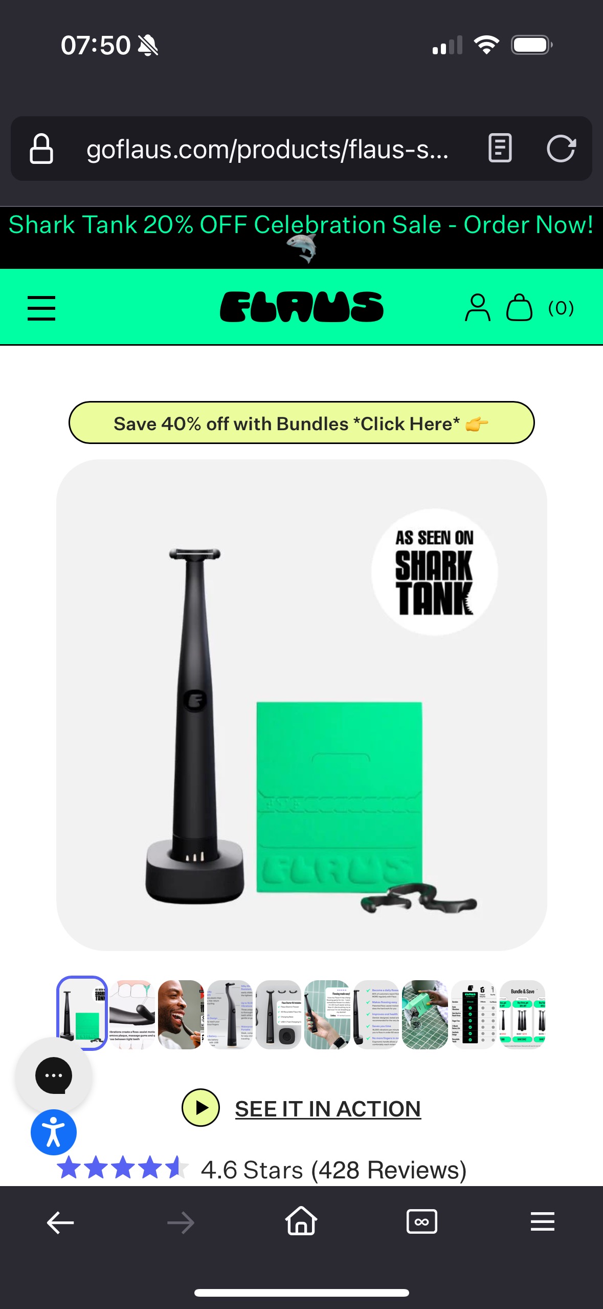 FLAUS product page showing the black flosser and green packaging